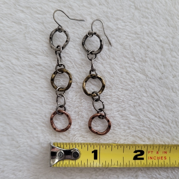 Tri-Color 3-Ring 2.5" Dangle Earrings | silvertone, goldtone & coppertone EUC - Picture 4 of 10